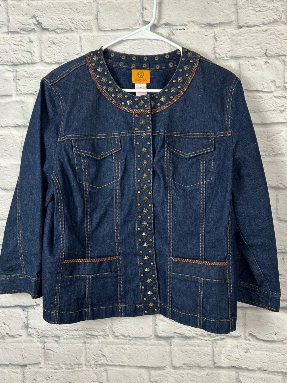 Ruby Rd Size 16 Denim Jacket Studded Grommet Braided Trim Ramie Blend